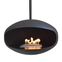 Cocoon Aeris Matte Black with Black Rod – a ceiling-mounted bioethanol fireplace with a sleek matte black finish and modern desi