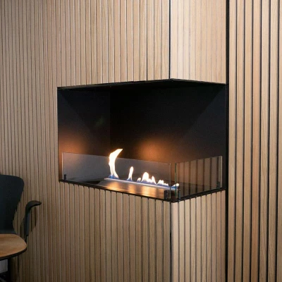 Foco Corner Right 800 - Built-in Bioethanol Fireplace | Buy Now Foco Corner Right 800 by FOCO Fires - a two-sided built-in bioethanol fireplace with a sleek black finish, offering a luxurious