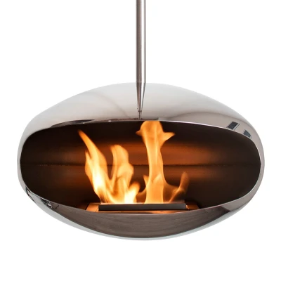 Cocoon Aeris Polished Steel ceiling-mounted bioethanol fireplace with a sleek steel pole, offering modern elegance and efficient