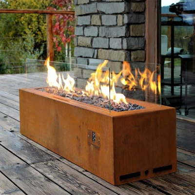 Galio Corten - Automatic outdoor gas fireplace with a rusted corten steel finish, app and remote-controlled operation.