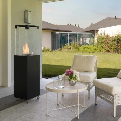 Faro Jet Black Outdoor Gas Heater with manual control and 8kW heat output, ideal for patios and terraces.