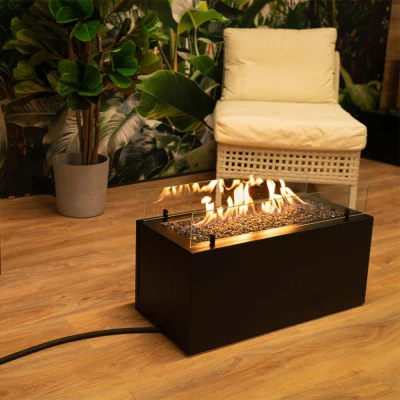 Rio Outdoor Gas Fireplace in black finish with manual control and 10 kW heat output.