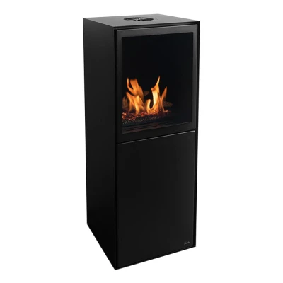 Scandi bioethanol stove in black with automatic control, 5-litre capacity, and 33-hour burn time, offering a stylish heating sol
