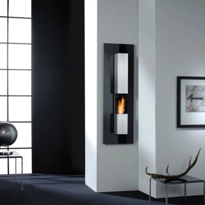 Safretti Riviera LE GL wall-mounted bioethanol fireplace in stainless steel and black with manual control.