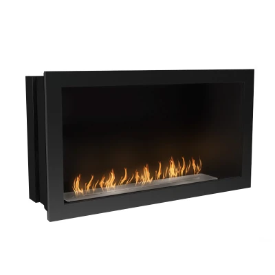 Icon Fires Firebox Sfb1100 - Black, a sleek built-in bioethanol fireplace with manual control and 8-hour burn time.
