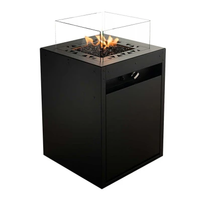 Square Outdoor Gas Fireplace in black with manual control, 10 kW heat output.
