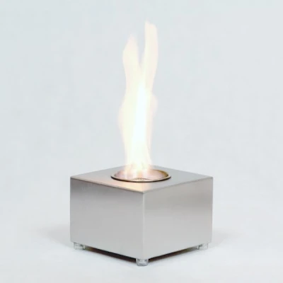 Cube Tabletop Bio Fireplace by ScandiFlames in stainless steel, a sleek and compact bioethanol fireplace for modern interiors.