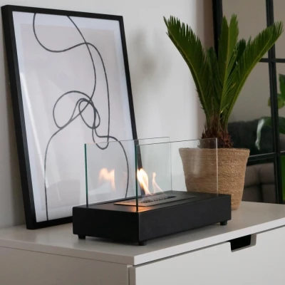 Lambeth Tabletop Bioethanol Fireplace by ScandiFlames in black, featuring a sleek design with a 35.5 cm length and manual operat