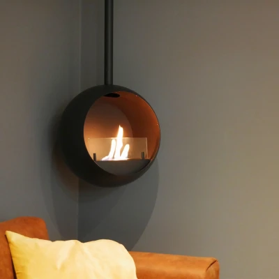 Edmonton Suspended Bioethanol Fireplace by ScandiFlames in black – modern loft-style ceiling-mounted bioethanol fireplace.