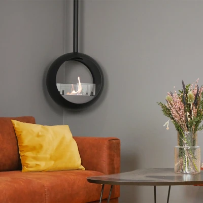 ScandiFlames Edmonton 2-sided Suspended Bioethanol Fireplace in black, ceiling-mounted with a modern design.