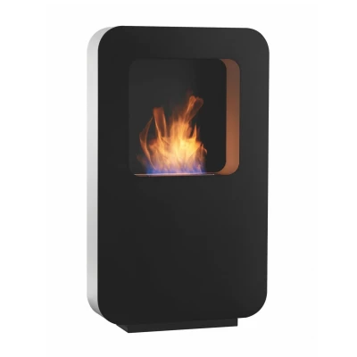Safretti Curva XL Black floor-standing bioethanol fireplace with manual control, sleek design, and 6-8 hours burn time.