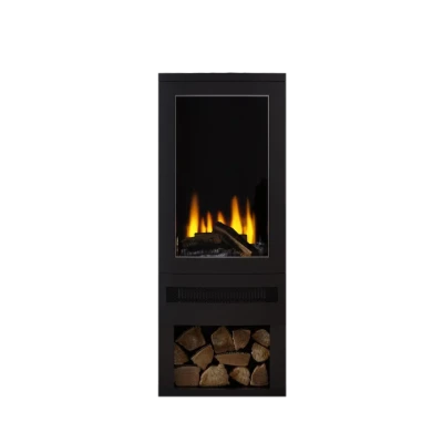 Bramshaw Freestanding Electric Fire with Log Storage by British Fires – a stylish black electric fireplace with realistic flames