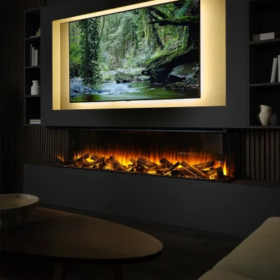 New Forest 1900 Electric Fireplace Insert by British Fires – a sleek, multi-sided built-in fireplace with remote control and rea
