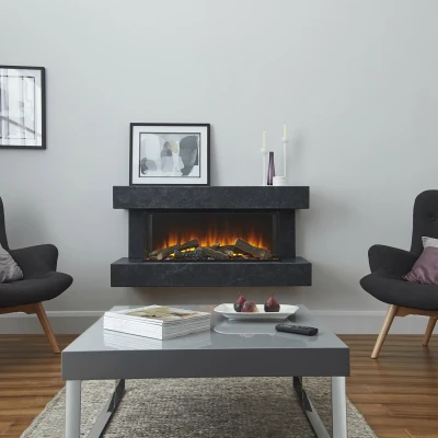 Winchester 1600 Gray Marble Electric Fireplace with remote control and sleek wall-mounted design.