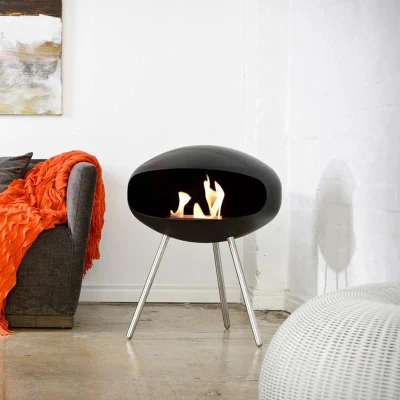 Cocoon Terra Matte Black with Steel Legs – Modern Floor-standing Bioethanol Fireplace