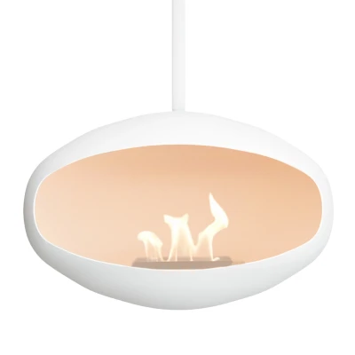 Cocoon Aeris White ceiling-mounted bioethanol fireplace with a sleek, modern design and clean-burning flame.