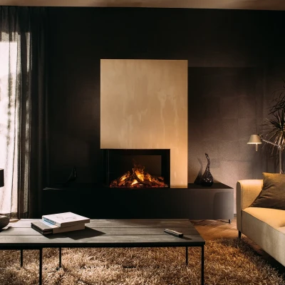 Faber e-Matrix Mood 800-500 II built-in corner vapour fireplace with Opti-myst flame effect, smart controls, and a modern black 