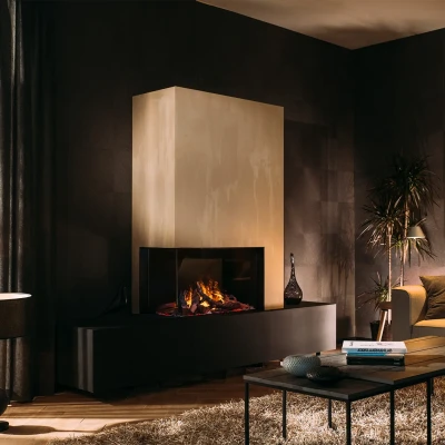Faber e-Matrix Mood 800-500 II built-in corner vapour fireplace with Opti-myst flame effect, smart controls, and a modern black 