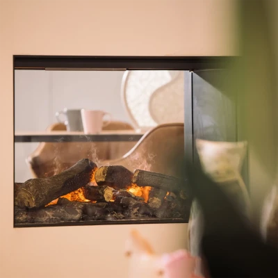 Faber e-MatriX Mood 800-500 ST water vapour fireplace with realistic flame effect and modern black finish.