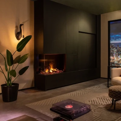 Faber e-MatriX Mood 800-650 II - A sophisticated built-in corner water vapour fireplace with Opti-Myst technology, app-control, 