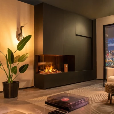 Faber e-MatriX Mood 800-650 III water vapour fireplace with a 3-sided design and realistic Opti-myst flame effect.