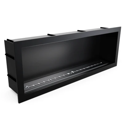 Icon Fires Slimline Firebox SFB1650 - Black, a sleek built-in bioethanol fireplace with manual control, 9.8 kW heat output, and 
