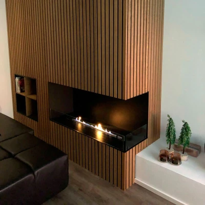 Foco Corner Right 1000 - Built-in Bioethanol Fireplace Foco Corner Right 1000 by FOCO Fires - A modern built-in corner bioethanol fireplace with a sleek black finish and remote contro