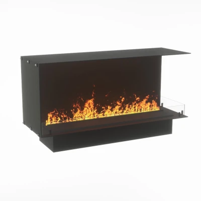 Foco Myst Corner Right 1200 by FOCO Fires – a sleek, built-in two-sided Opti-Myst fireplace with remote control and realistic wa