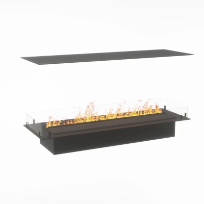 Foco Myst Four 1200 by FOCO Fires – a four-sided Opti-Myst vapour fireplace with remote control, black finish, and realistic fla