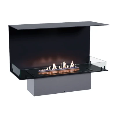Foco Three 1000 Bioethanol Fireplace | Buy Now Foco Three 1000 bioethanol fireplace with a sleek black finish, offering a 3-sided view of the flames. Features remote, automati