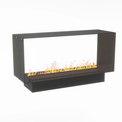 Foco Myst Two 1200 by FOCO Fires – a two-sided built-in Opti-myst vapour fireplace with a sleek black finish, remote control, an