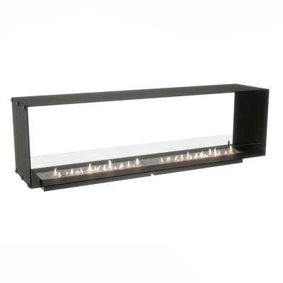Foco Two 1800 built-in see-through bioethanol fireplace in black finish with remote, automatic, and manual control.