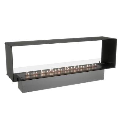 Foco Two 1800 built-in see-through bioethanol fireplace in black finish with remote, automatic, and manual control.