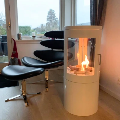 ScandiFlames Bio Wood Stove in White with 360° Flameview, featuring a sleek design and real flame effect.