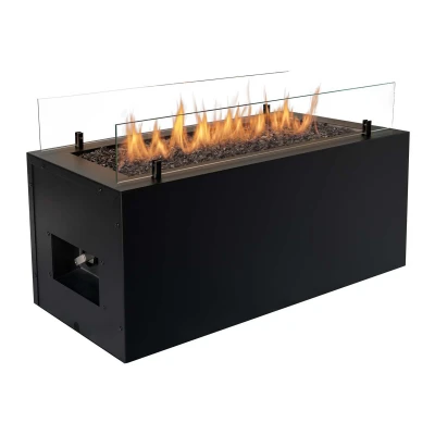 Rio Outdoor Gas Fireplace in black finish with manual control and 10 kW heat output.