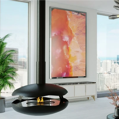 Perola Plus - Black by GlammFire, a premium ceiling-mounted bioethanol fireplace with remote control and sleek black finish.