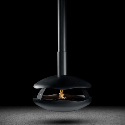 Perola Plus - Black Titanium by GlammFire, a ceiling-mounted bioethanol fireplace with a sleek black titanium finish and remote 