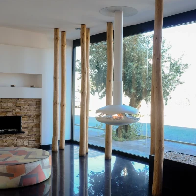 Perola - White by GlammFire, a ceiling-mounted bioethanol fireplace with a sleek white finish, 2L capacity, and 6-hour burn time