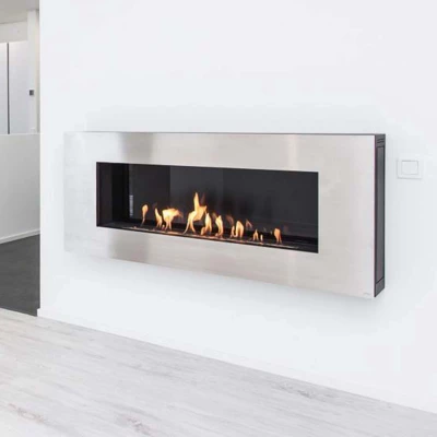 Apollo - Brushed Steel bioethanol fireplace by GlammFire, wall-mounted with a brushed steel finish, modern design, and remote co
