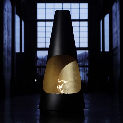 GlammFire Archimedes - Black Titanium bioethanol fireplace, a luxurious floor-standing fireplace with remote control and a sleek