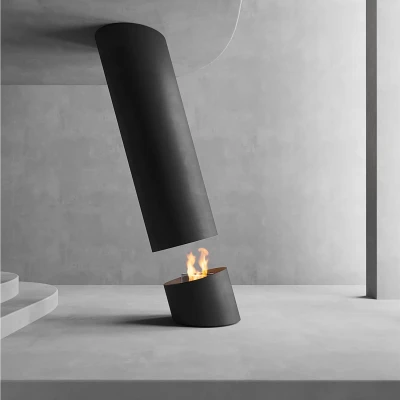 Contour 13 - Black by GlammFire, a ceiling-mounted bioethanol fireplace with remote control and a sleek black finish.