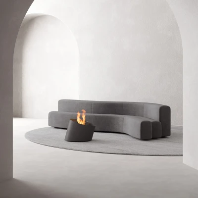 GlammFire Contour - Black floor-standing bioethanol fireplace with remote and panel control, offering 25 hours burn time.