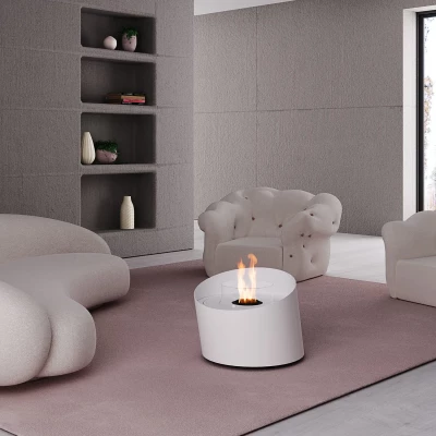 GlammFire Contour White bioethanol fireplace, a stylish freestanding unit with remote control and a 25-hour burn time.