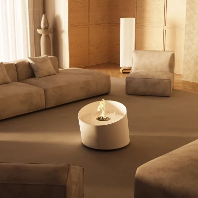 GlammFire Contour White bioethanol fireplace, a stylish freestanding unit with remote control and a 25-hour burn time.