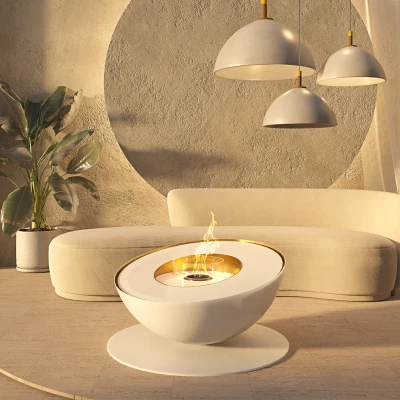 Mileto - White bioethanol fireplace by GlammFire, a sleek floor-standing model with remote and panel control.