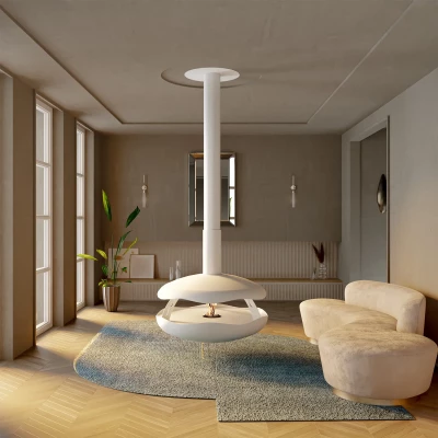 Perola Plus - White by GlammFire, a ceiling-mounted bioethanol fireplace with a sleek design, remote control operation, and effi