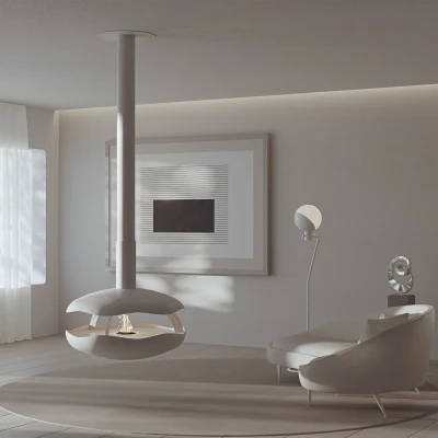 Perola Plus - White by GlammFire, a ceiling-mounted bioethanol fireplace with a sleek design, remote control operation, and effi