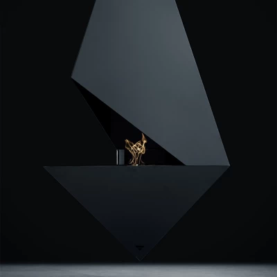 Pythagoras Black by GlammFire - A ceiling-mounted bioethanol fireplace with a sleek black finish, 10L capacity, and remote contr