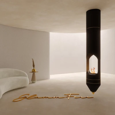 GlammFire Signature - Black ceiling-mounted bioethanol fireplace with a sleek design and remote control.