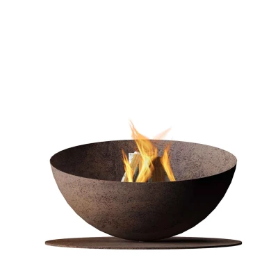 GlammFire Solace outdoor firepit in corten steel with a rust-like finish, perfect for patios and gardens.